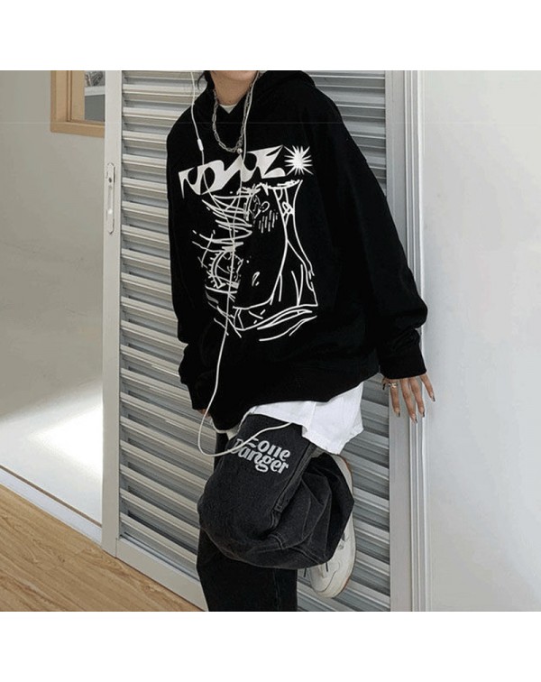 Greenhatt  Harajuku Anime Print Black Hoodies Wome...